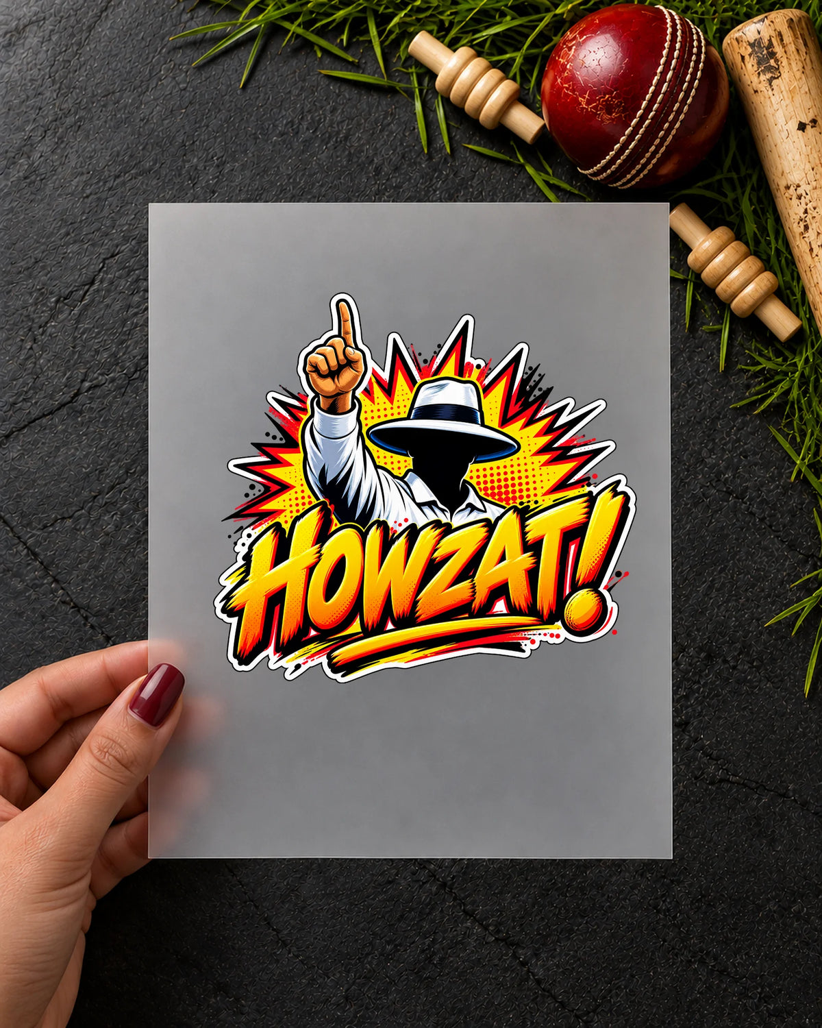 Howzat iron-on patch in hand