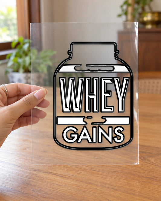 Whey Gains hard surface patch on clear film