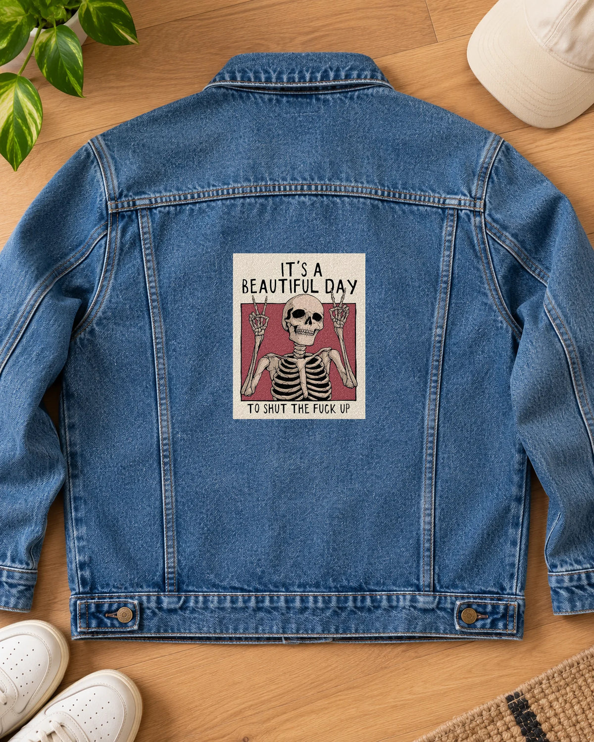 It's A Beautiful Day iron-on patch on clothes