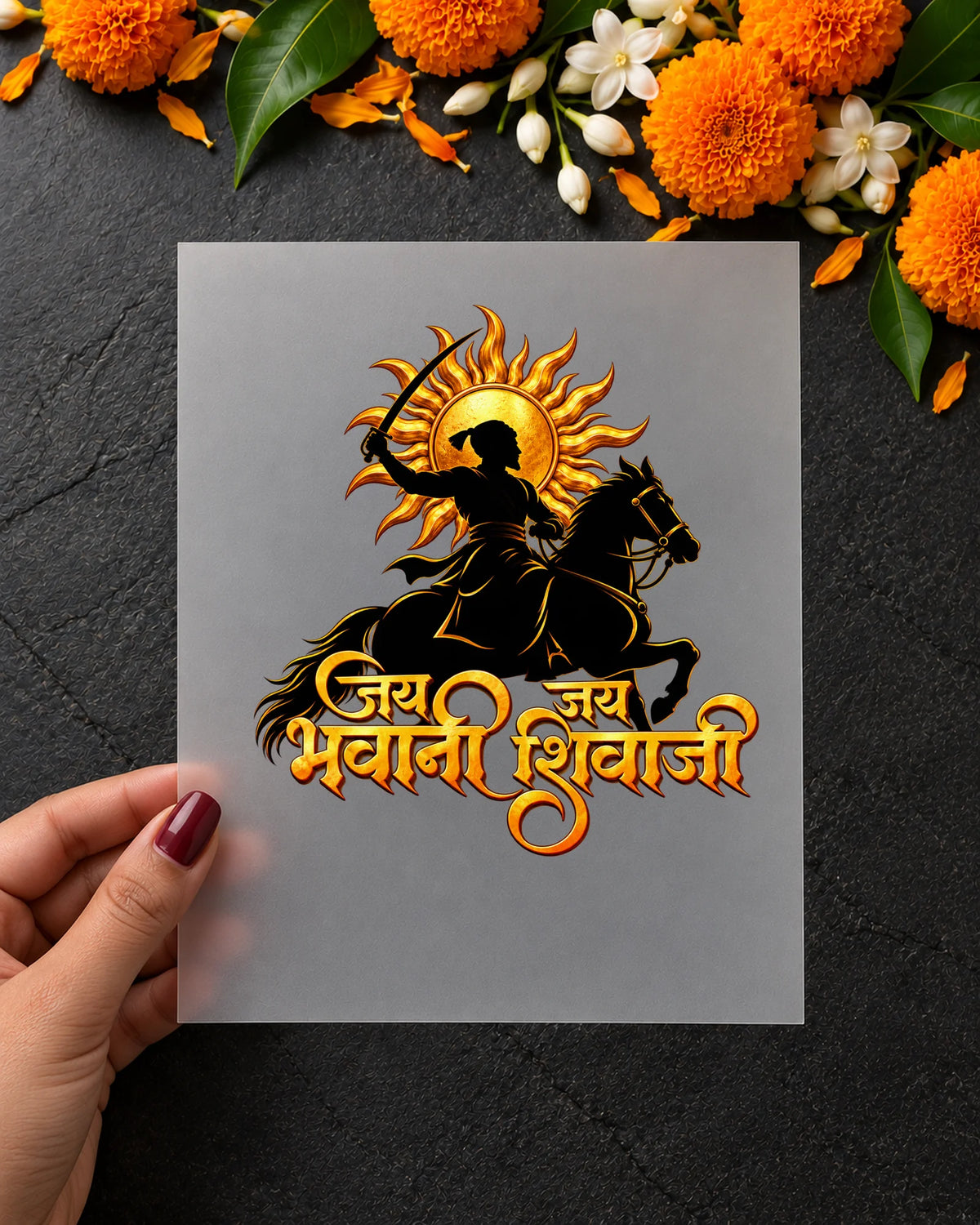 Jai Bhavani Jai Shivaji iron-on patch in hand