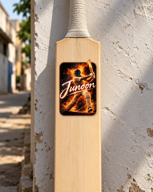 Junoon Ki Aag cricket bat patch on a bat
