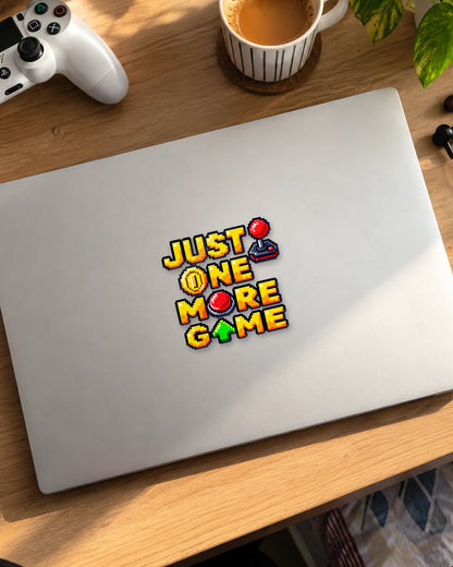 Just One More Game gamer patch on a laptop
