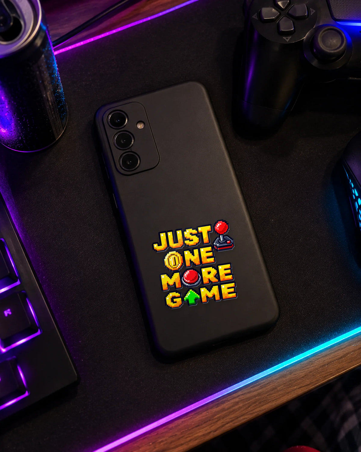 Just One More Game gamer patch on a phone case