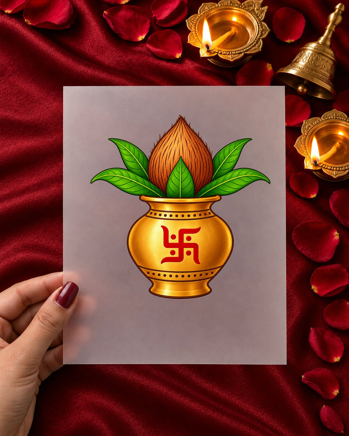 Mangal Kalash iron-on patch in hand