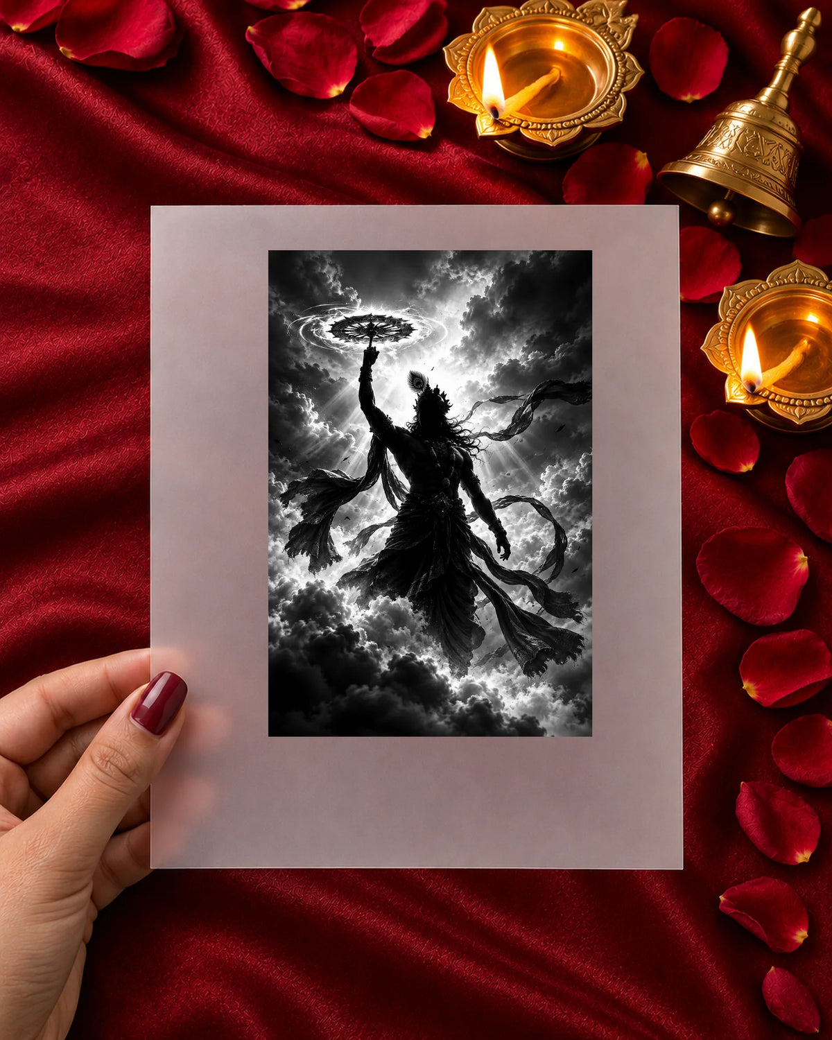 Krishna in the Storm iron-on patch in hand