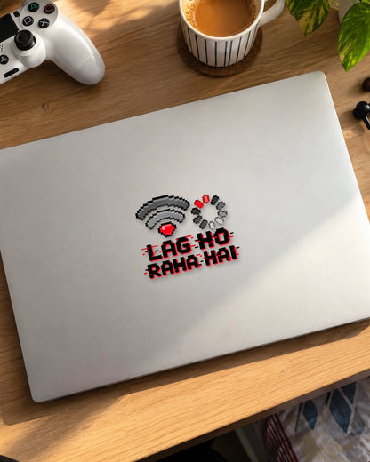 Lag Ho Raha Hai gamer patch in black ink on a laptop