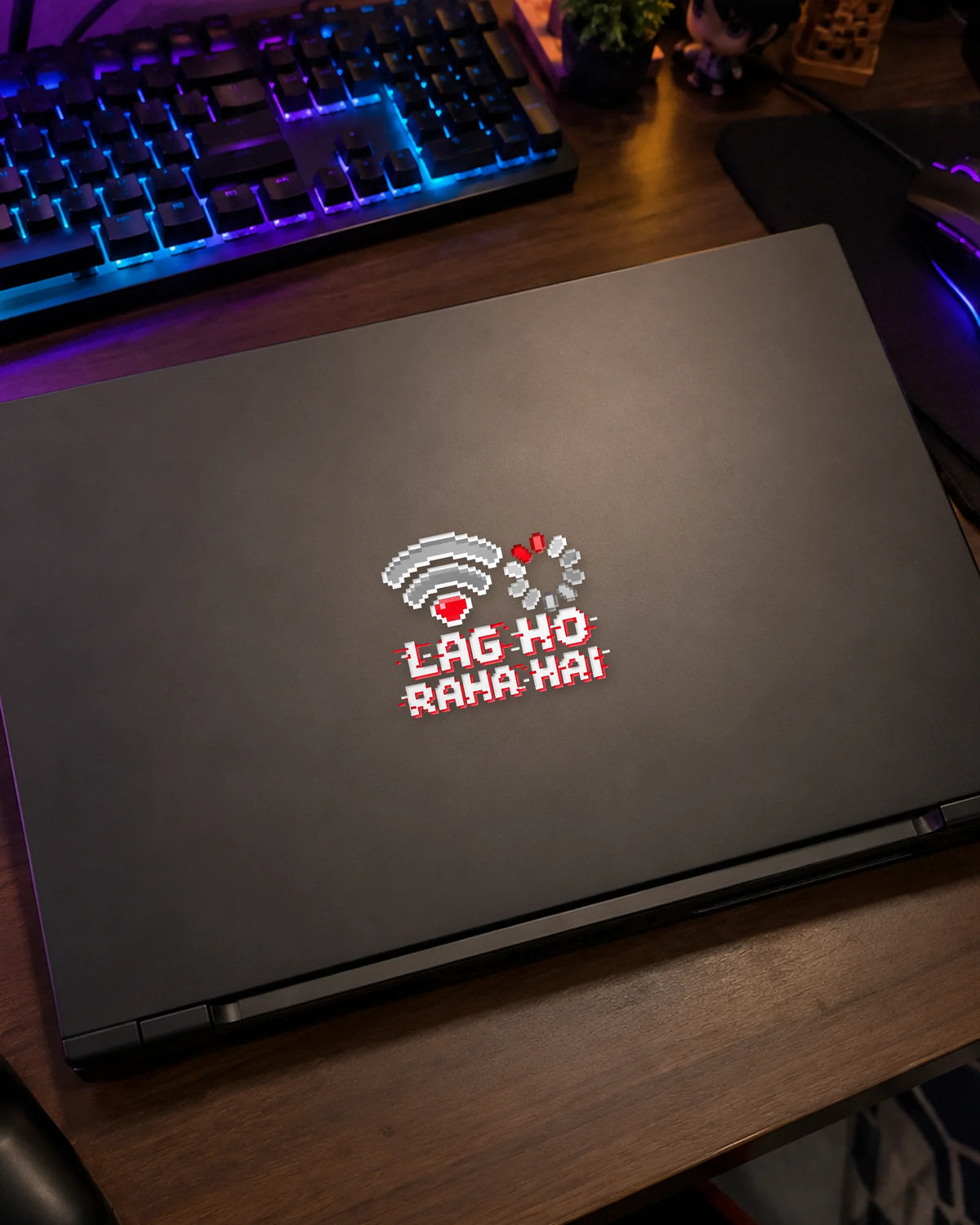 Lag Ho Raha Hai gamer patch in white ink on a gaming laptop