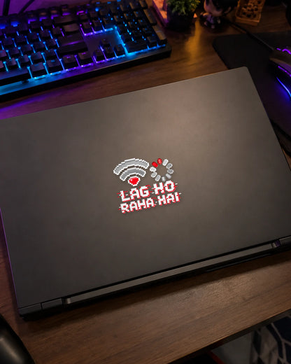 Lag Ho Raha Hai gamer patch in white ink on a gaming laptop