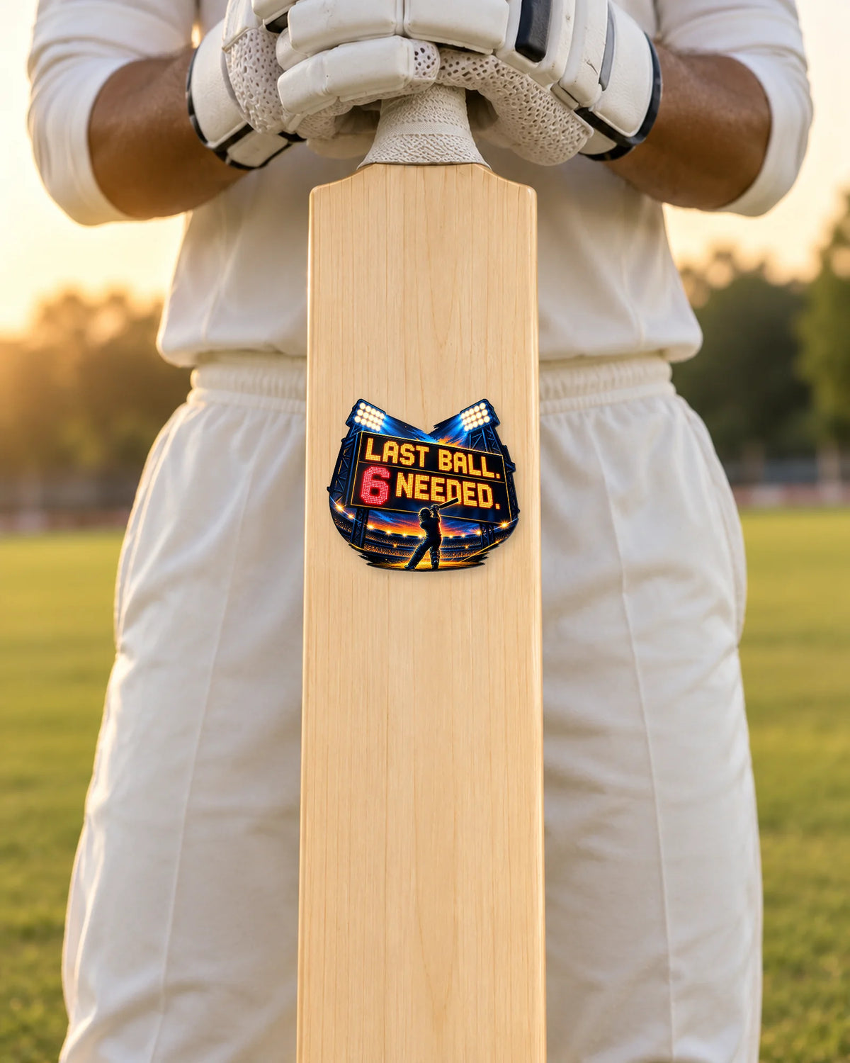 Last Ball 6 Needed bat patch, batsman holding the bat