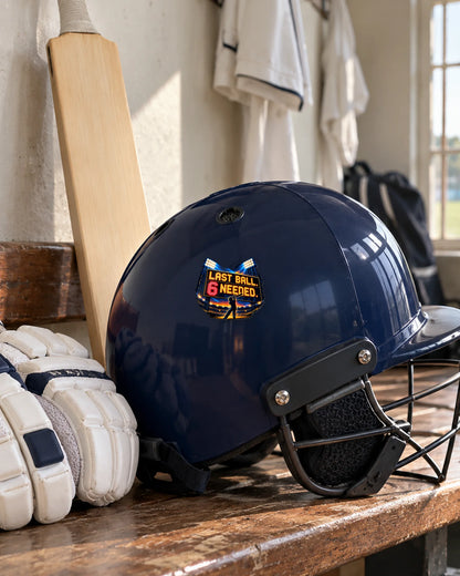 Last Ball 6 Needed patch on a cricket helmet