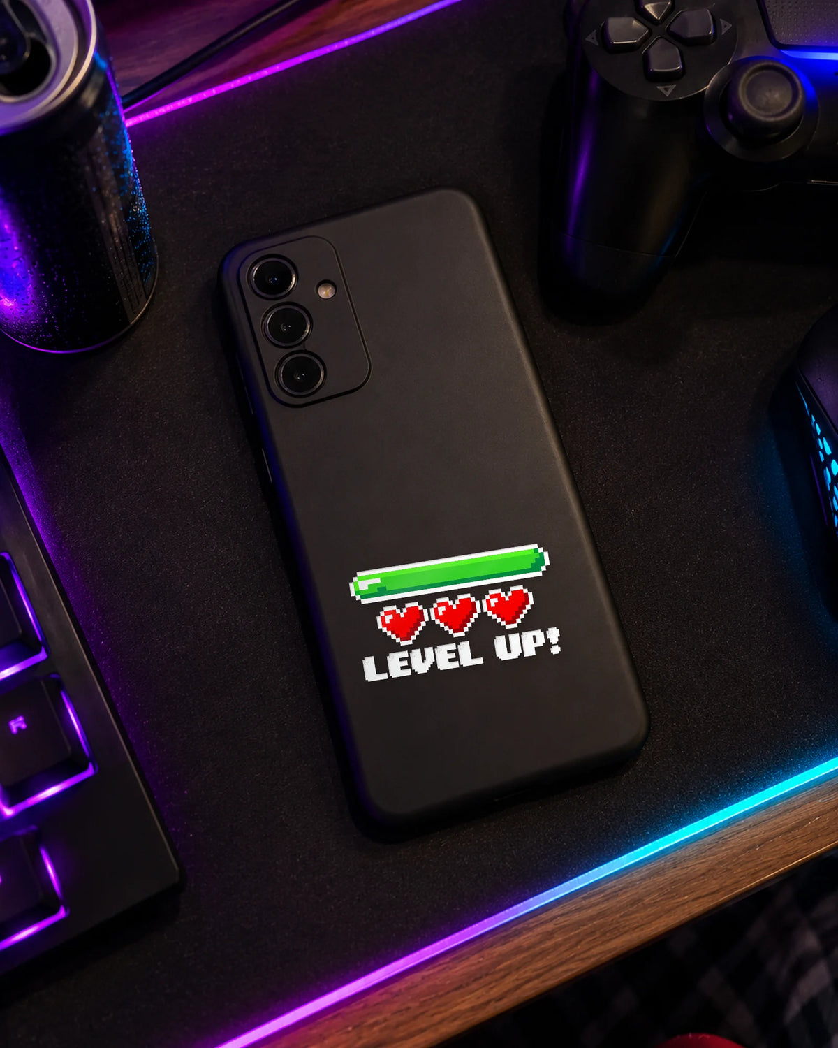 Level Up gamer patch in white ink on a phone case