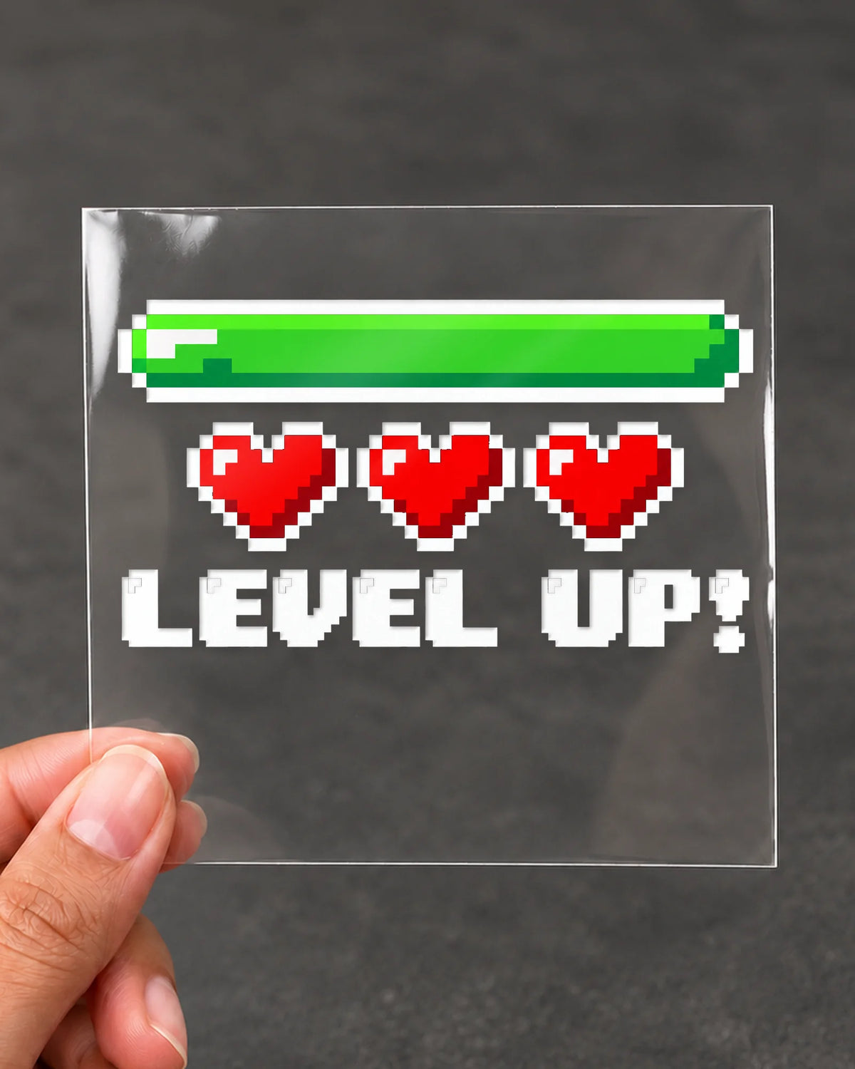 Level Up gamer patch in white ink on clear film