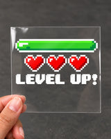 Level Up gamer patch in white ink on clear film