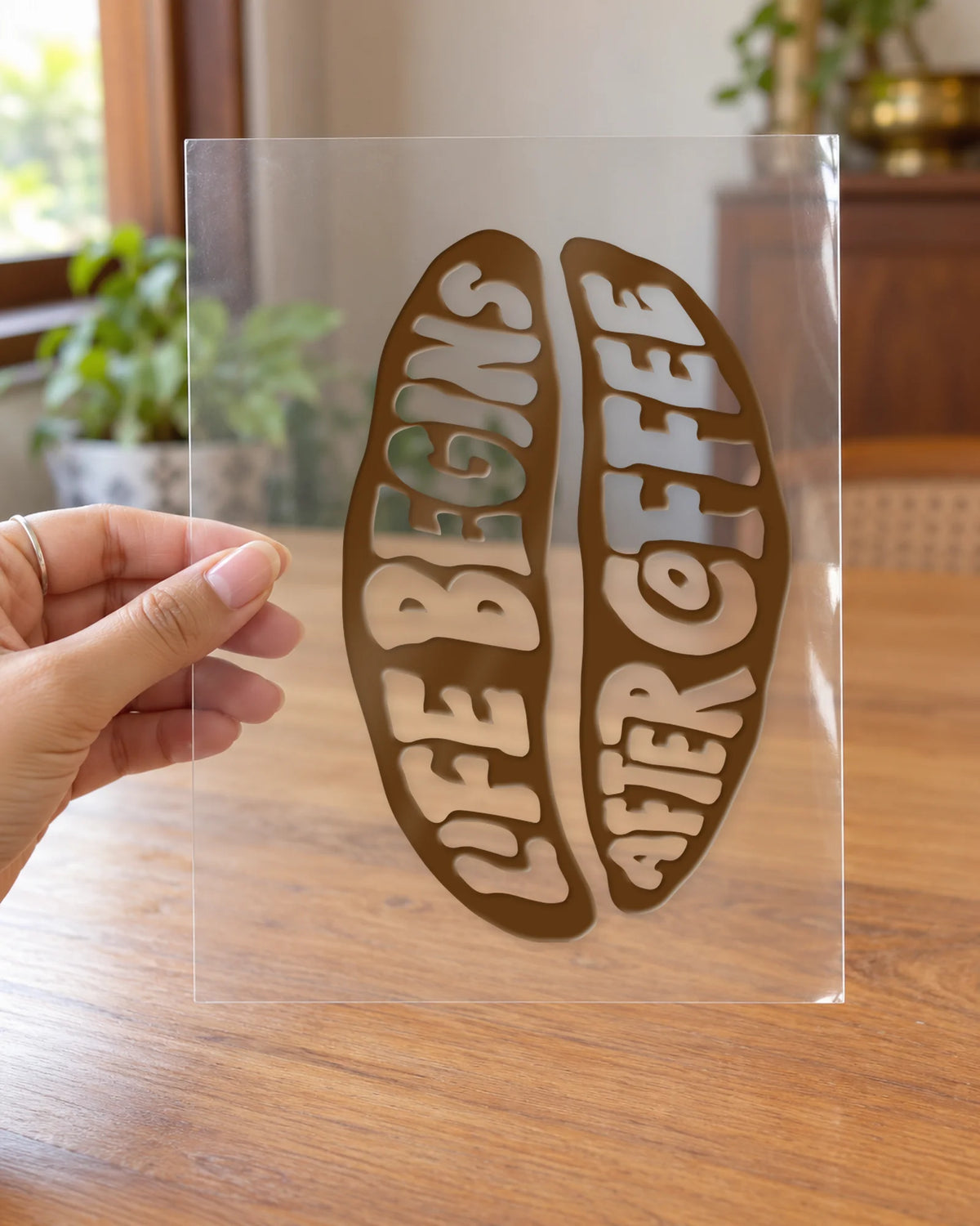Life Begins After Coffee hard surface patch on clear film