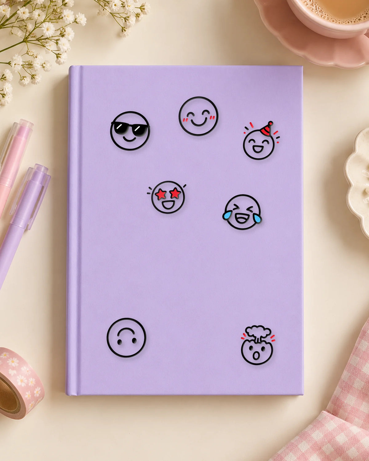 Line Emojis mini patches on a journal