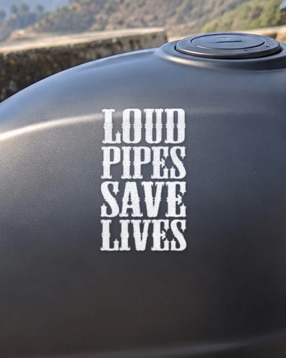 Loud Pipes Save Lives bike patch in white ink on a bike