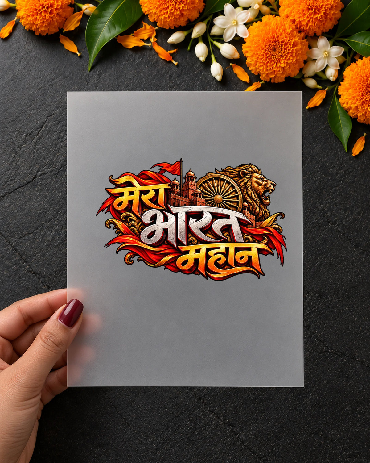 Mera Bharat Mahan iron-on patch in hand