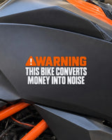Money Into Noise bike patch in white ink on a bike