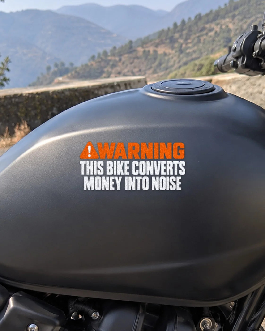 Money Into Noise bike patch in white ink on a bike