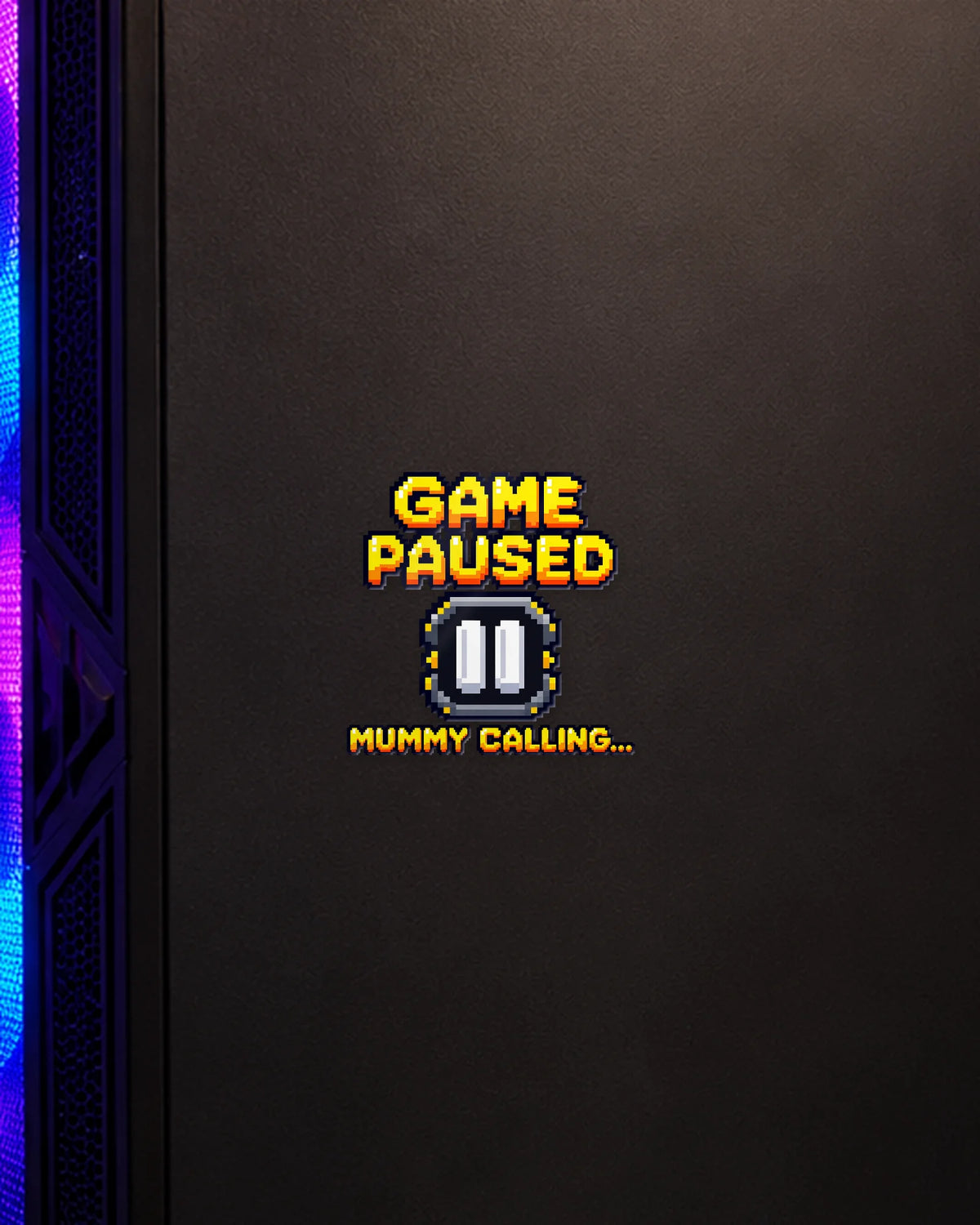 Mummy Calling gamer patch on a gaming PC cabinet