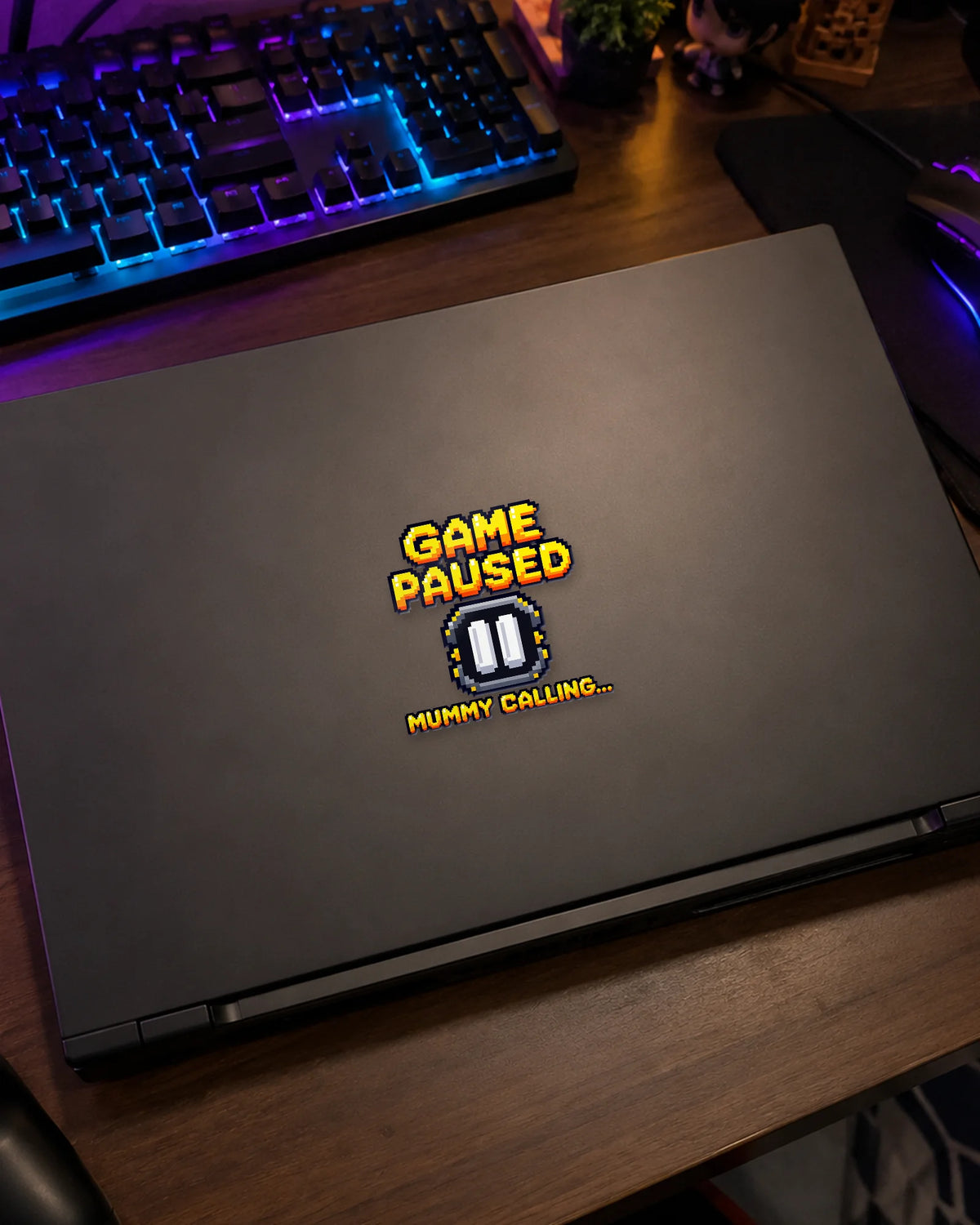 Mummy Calling gamer patch on a gaming laptop