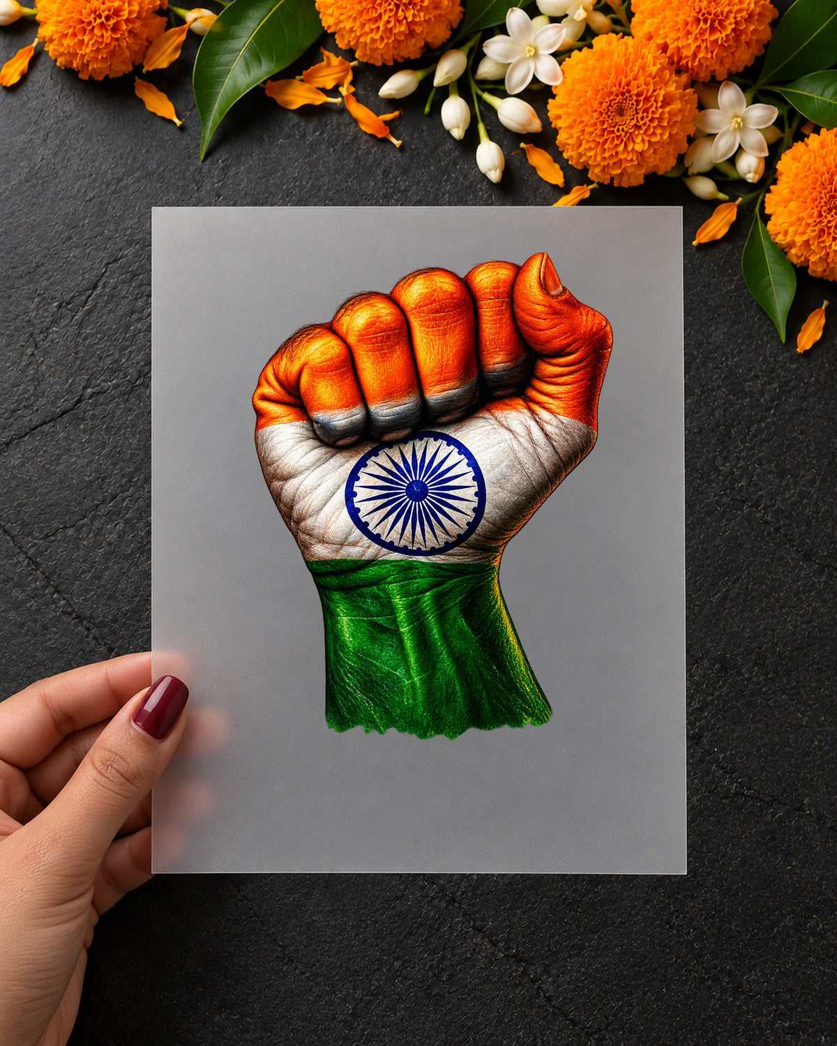 Mutthi Mein Hindustan iron-on patch in hand