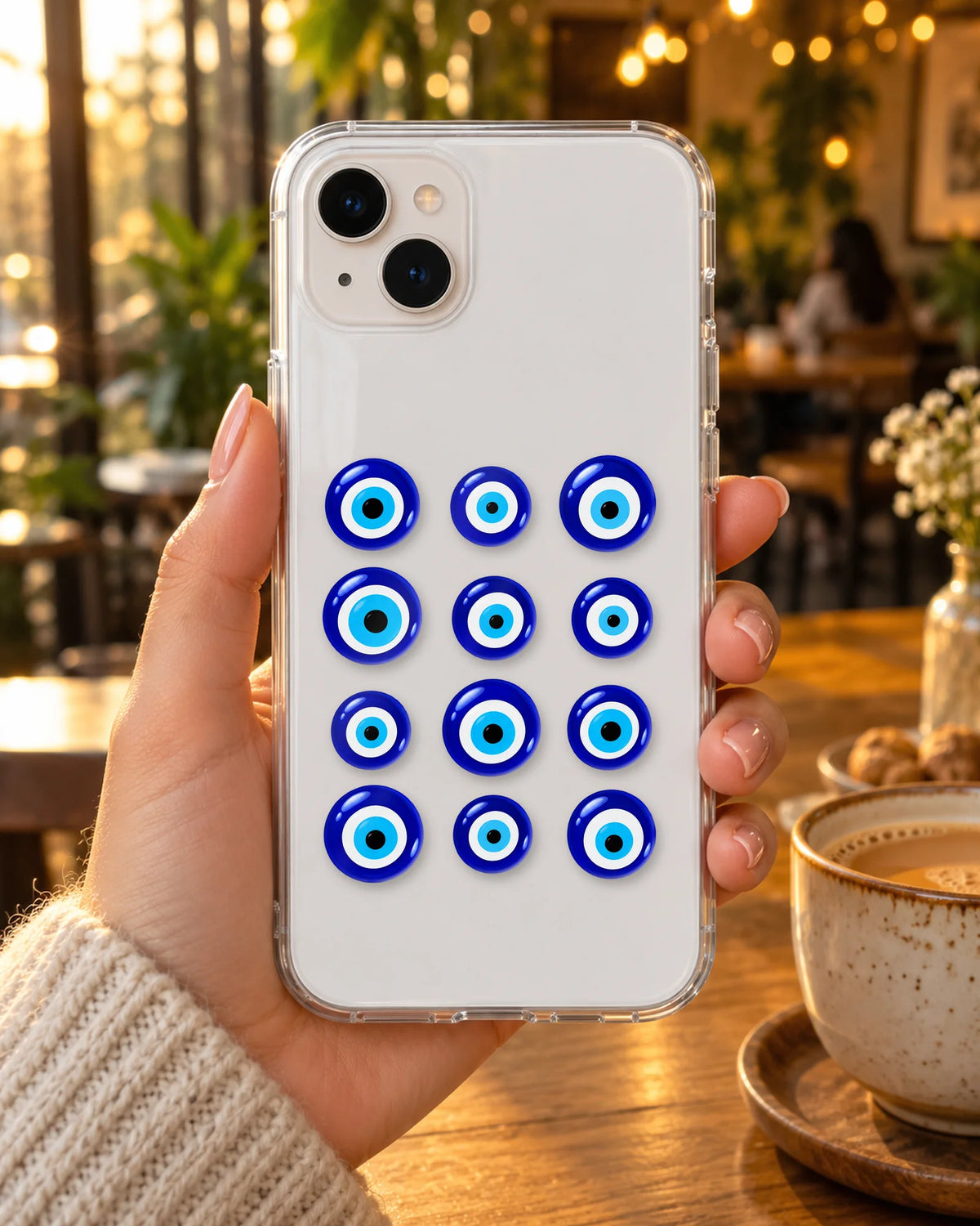 Nazar Pattern on a phone at a cafe