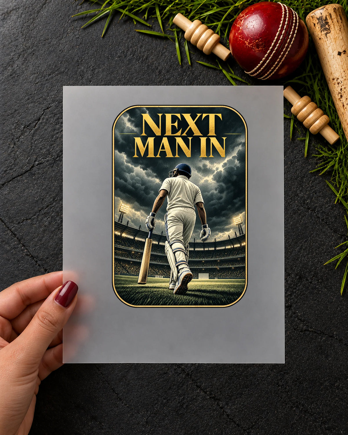 Next Man In iron-on patch in hand