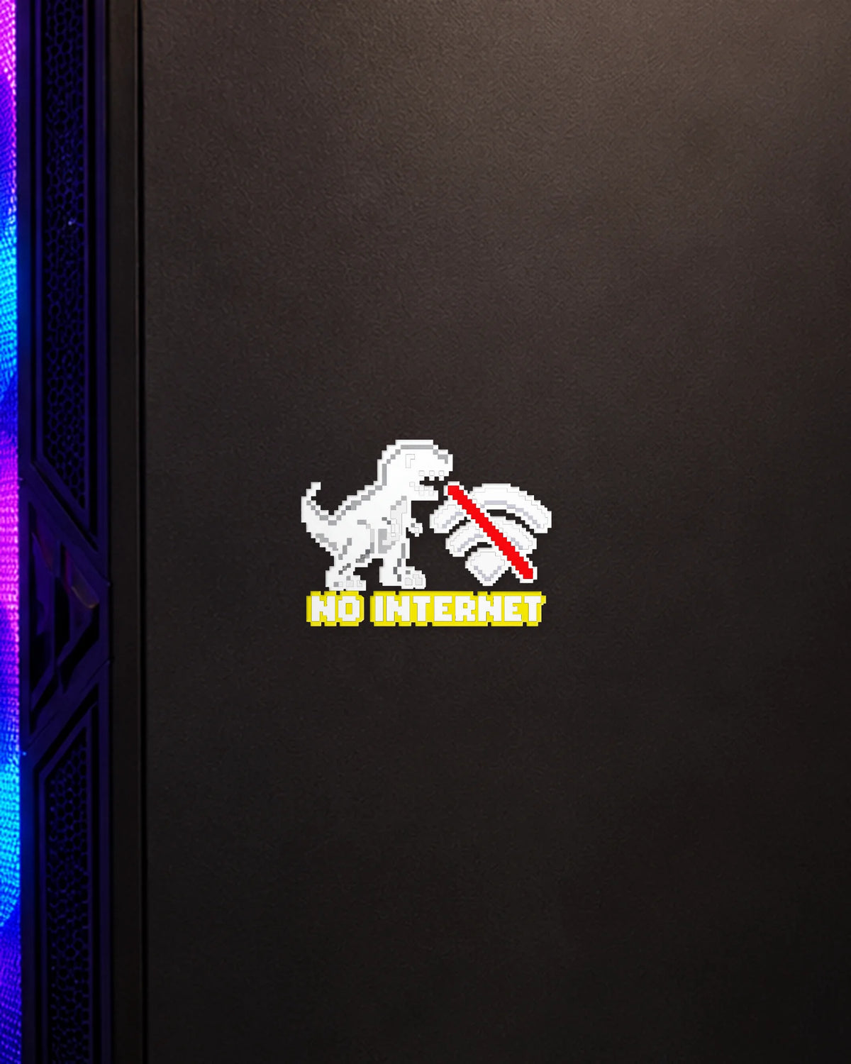 No Internet gamer patch in white ink on a gaming PC cabinet