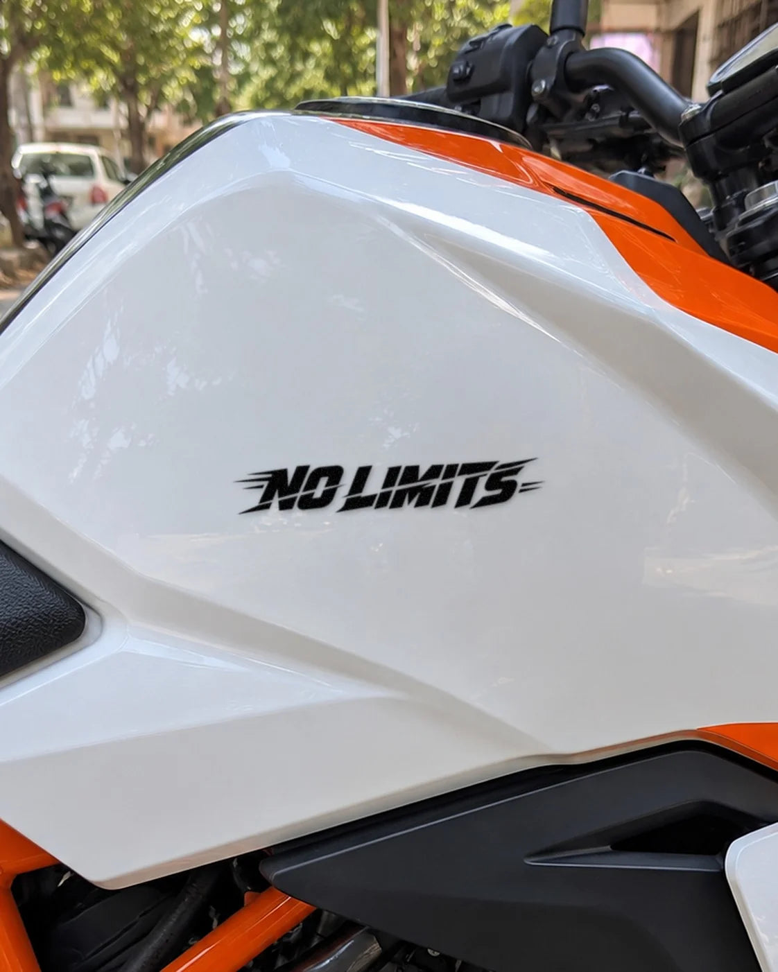 No Limits bike patch in black ink on a bike