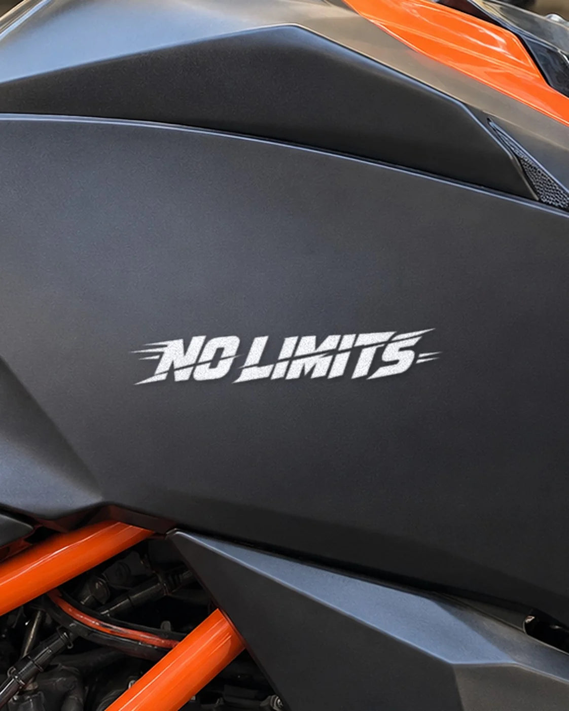 No Limits bike patch in white ink on a bike
