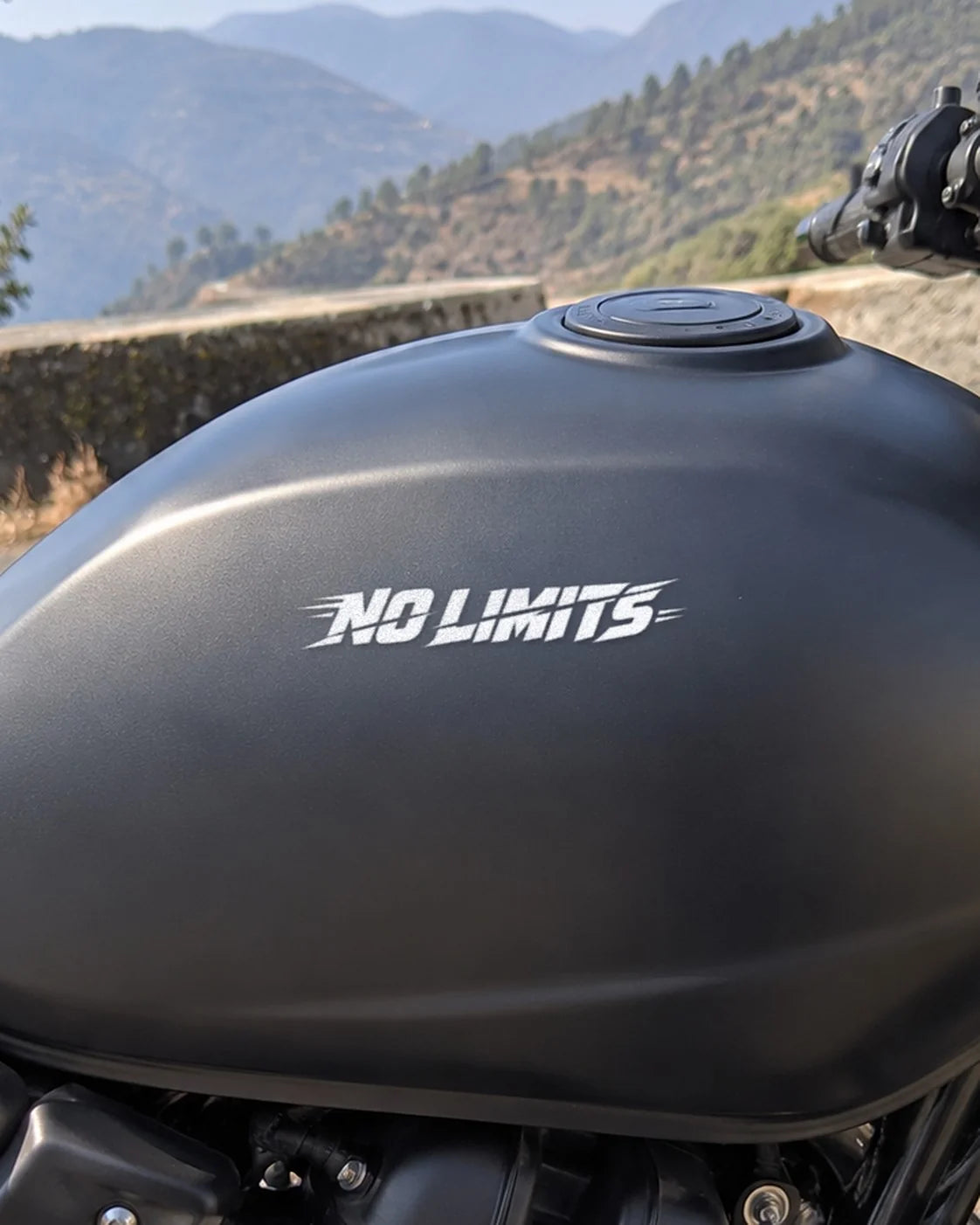 No Limits bike patch in white ink on a bike