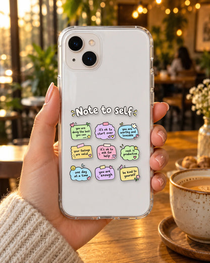 Note To Self on a phone at a cafe