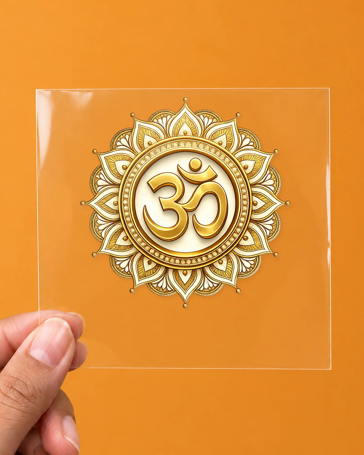 Golden Om hard surface patch on clear film