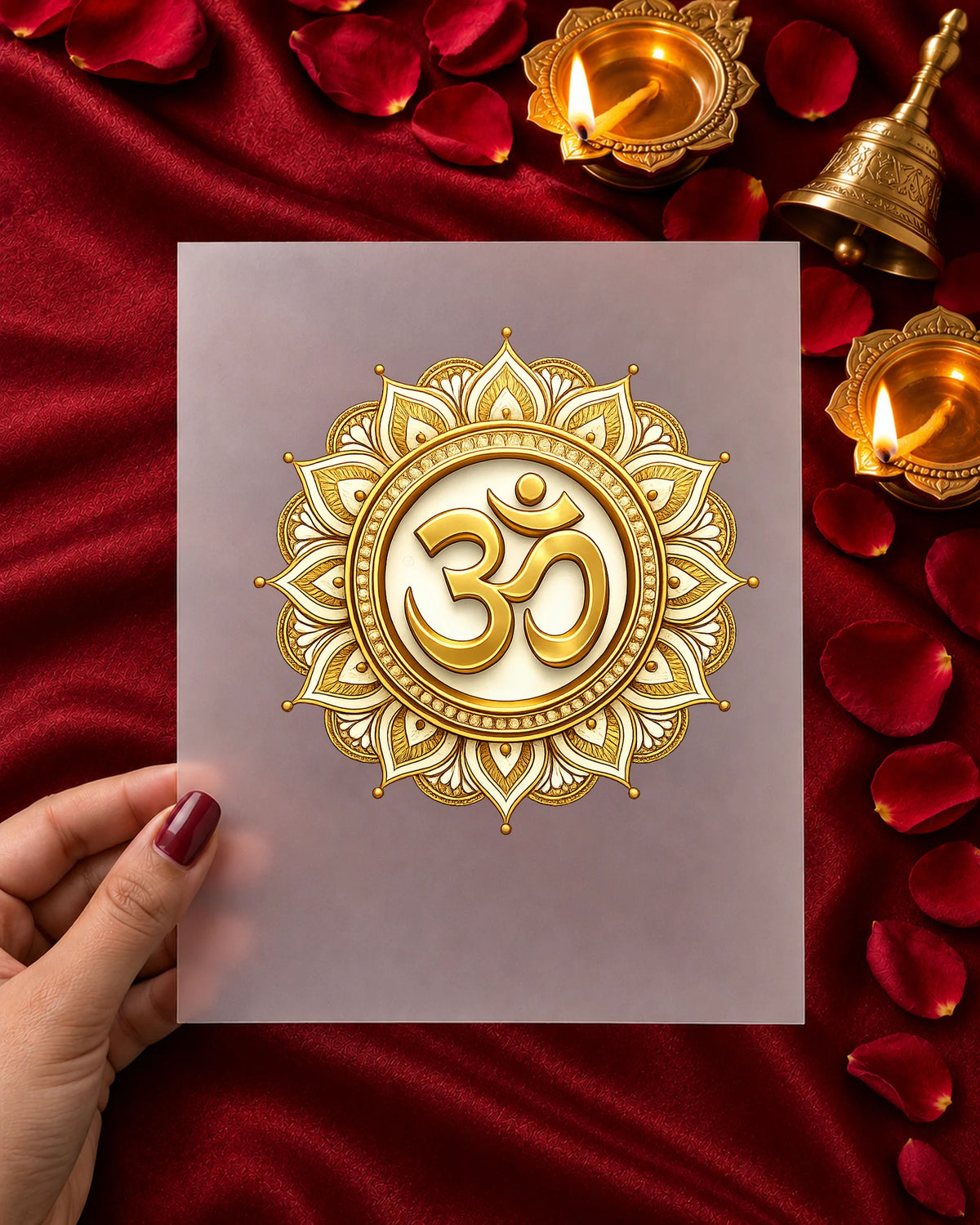 Golden Om iron-on patch in hand