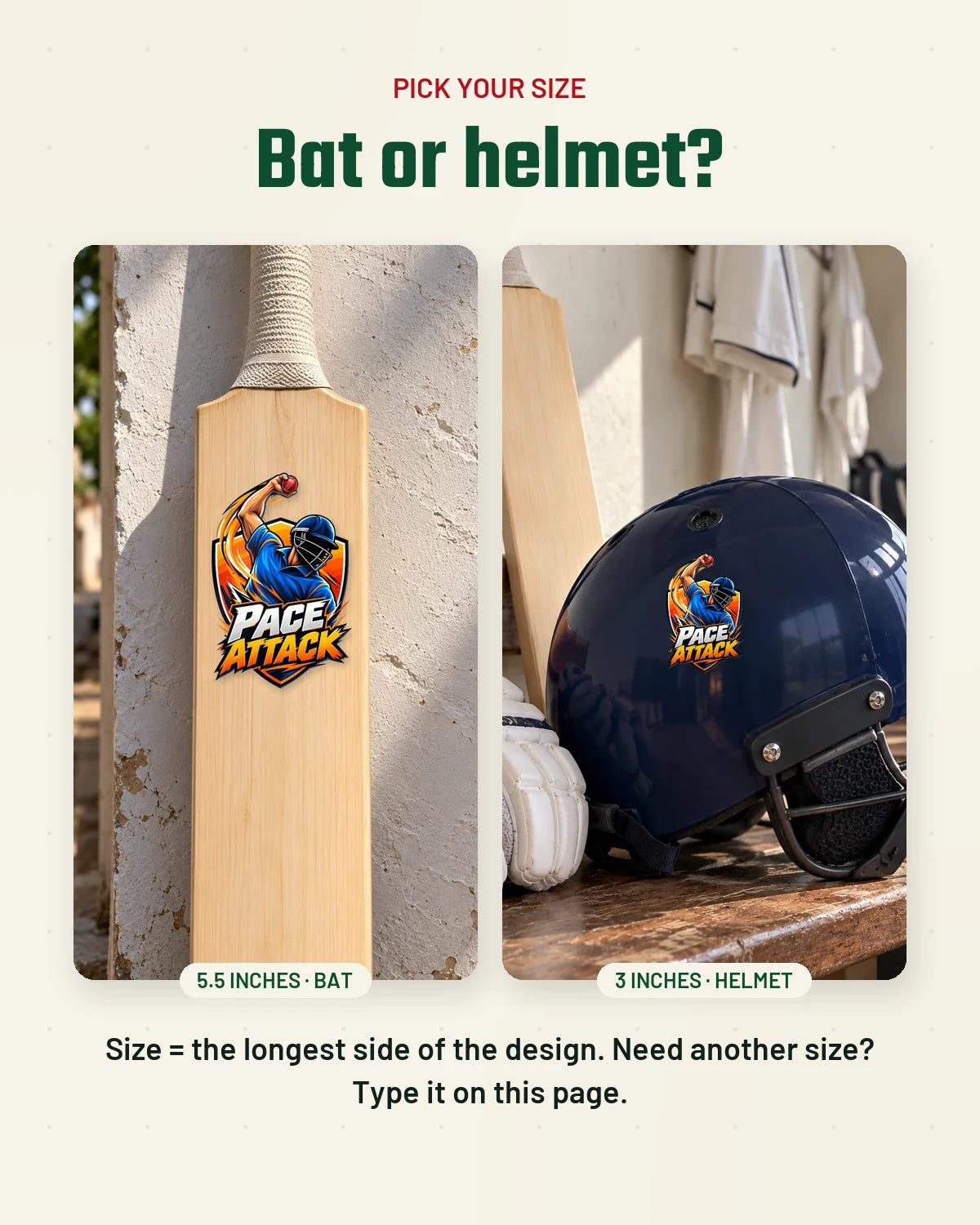 Pace Attack size guide: bat and helmet