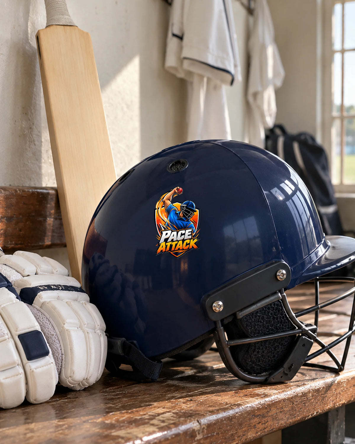 Pace Attack patch on a cricket helmet