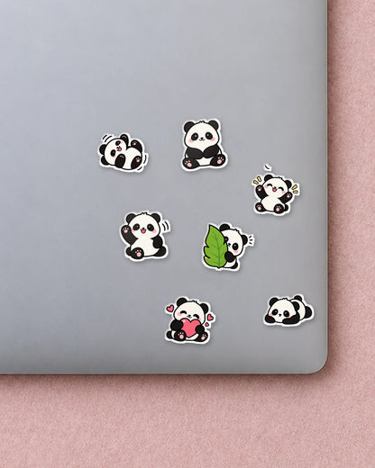 Panda Party mini patches on a laptop