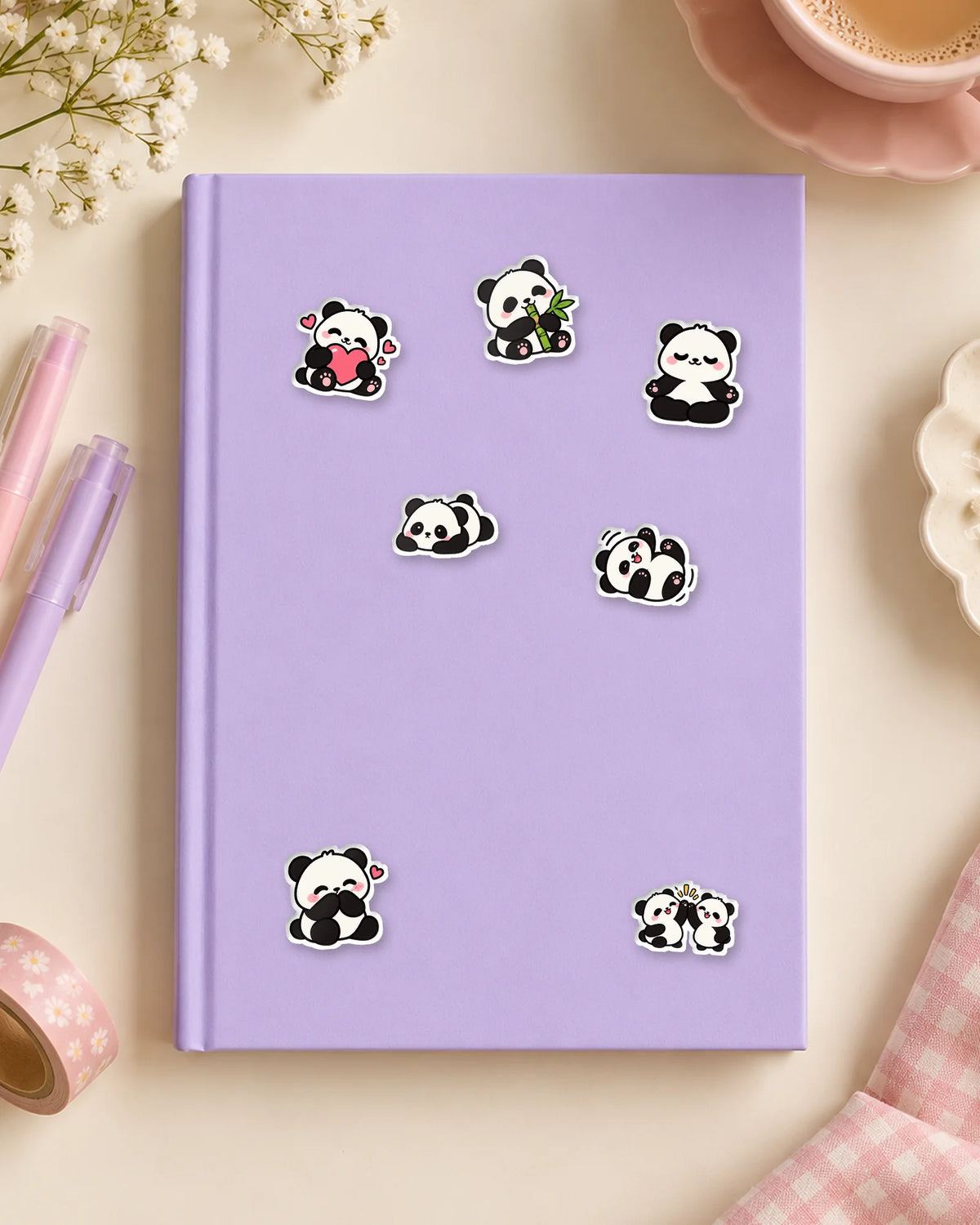 Panda Party mini patches on a journal