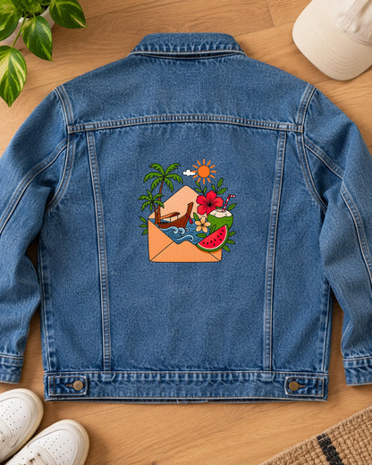 Paradise Post iron-on patch on clothes