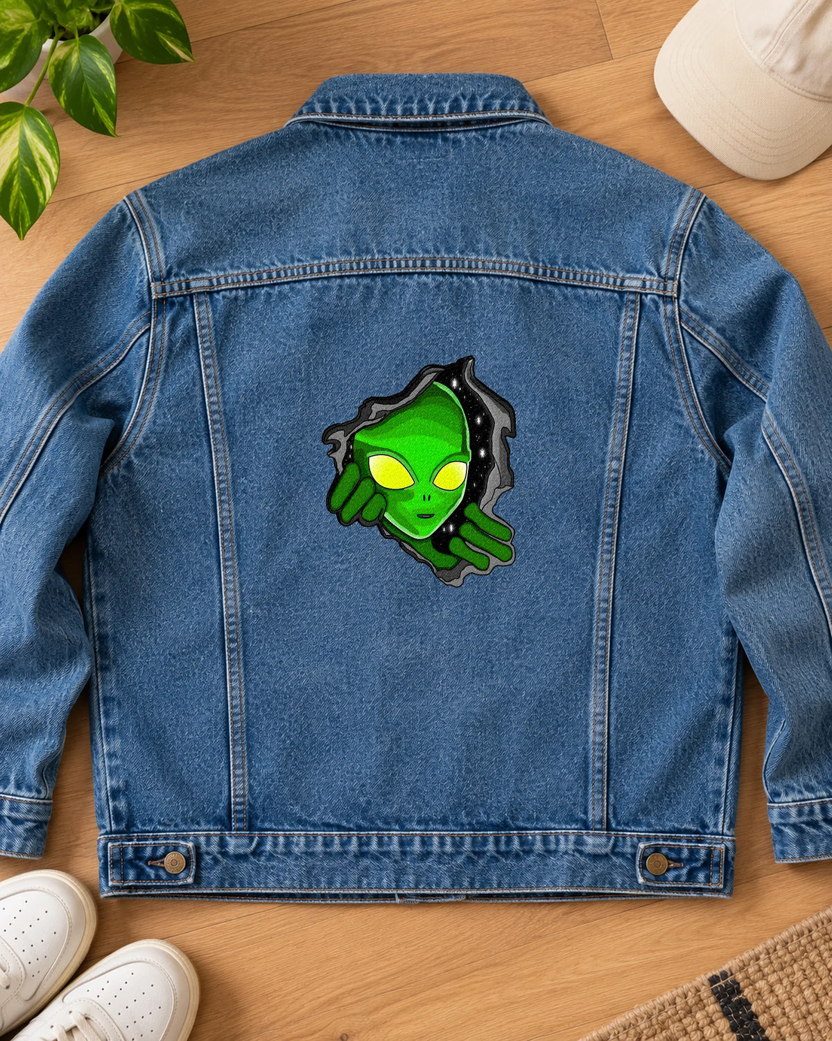 Peeking Alien iron-on patch on clothes