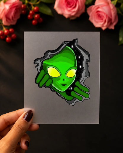 Peeking Alien iron-on patch on clothes