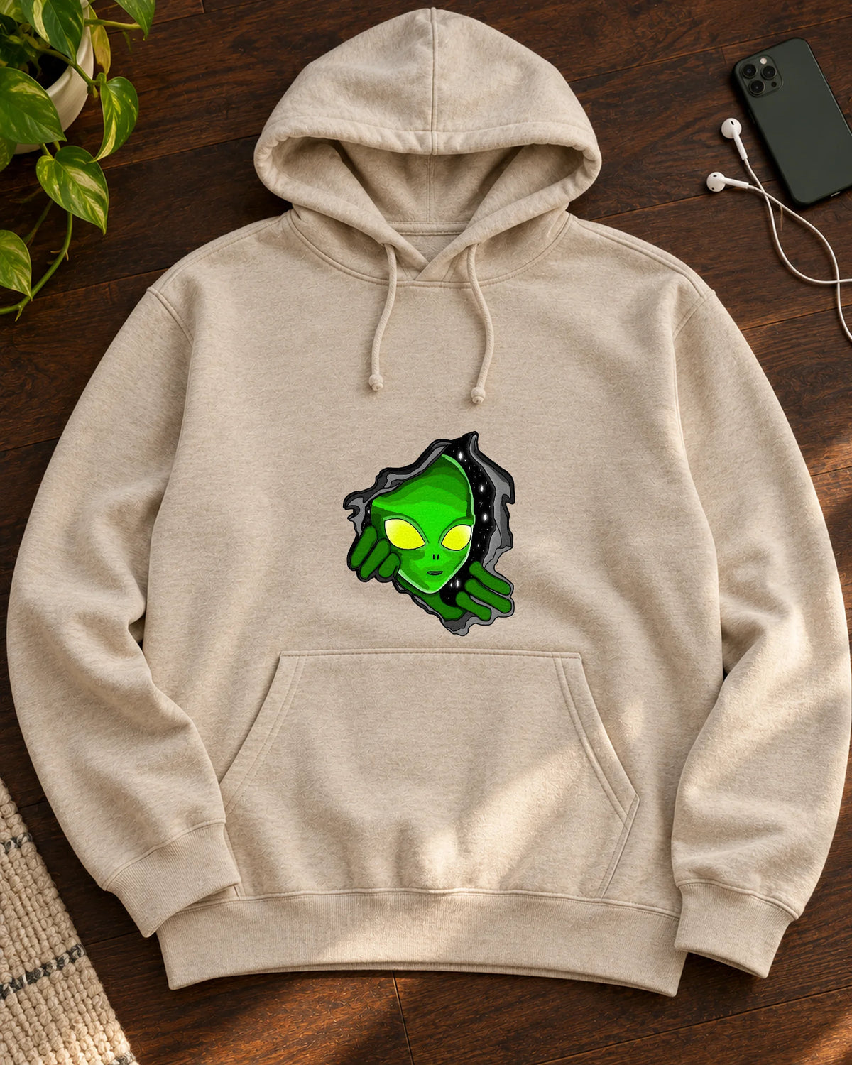 Peeking Alien iron-on patch on clothes