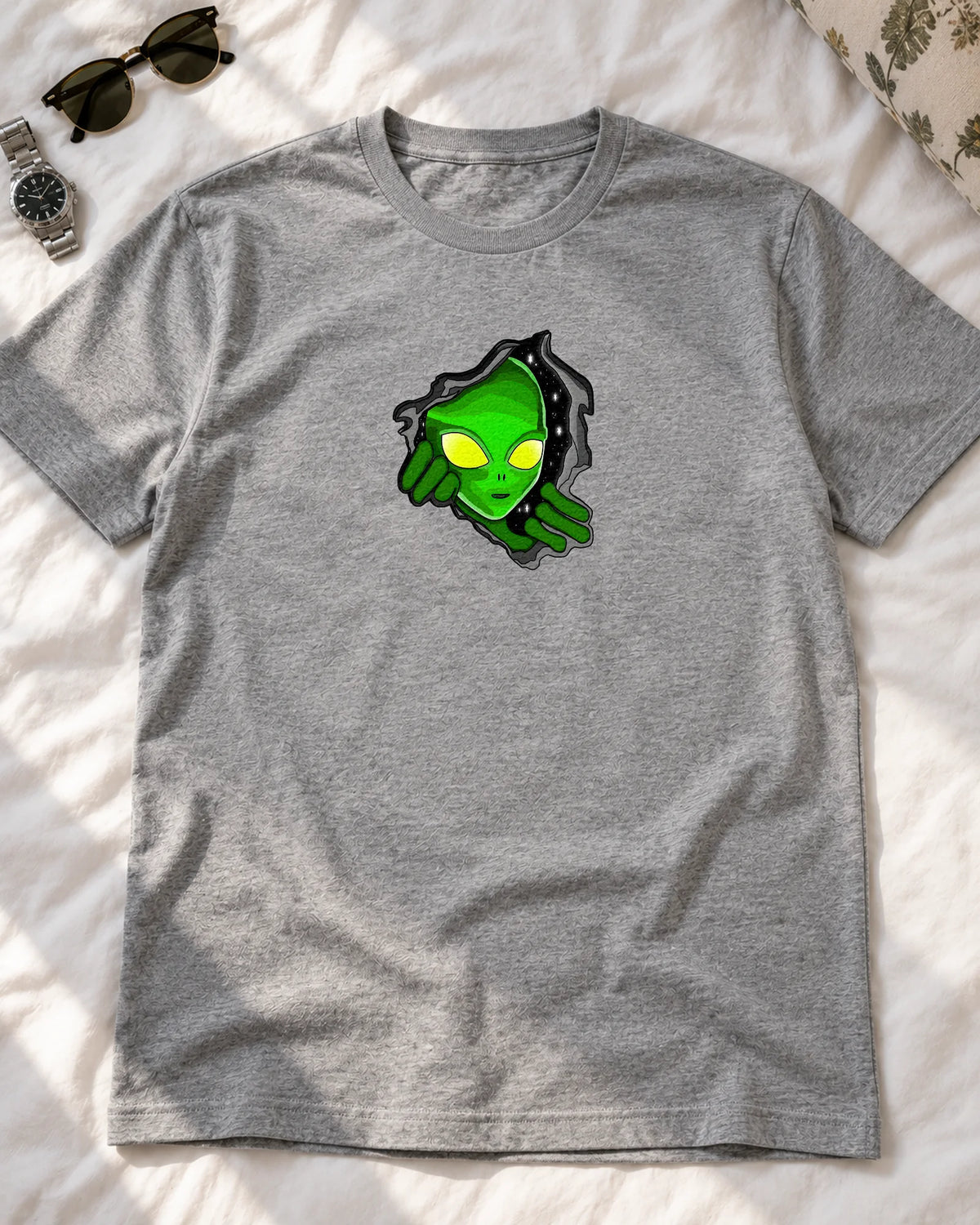Peeking Alien iron-on patch on clothes