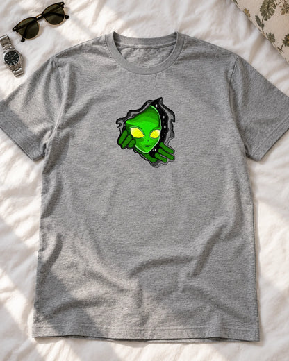 Peeking Alien iron-on patch on clothes