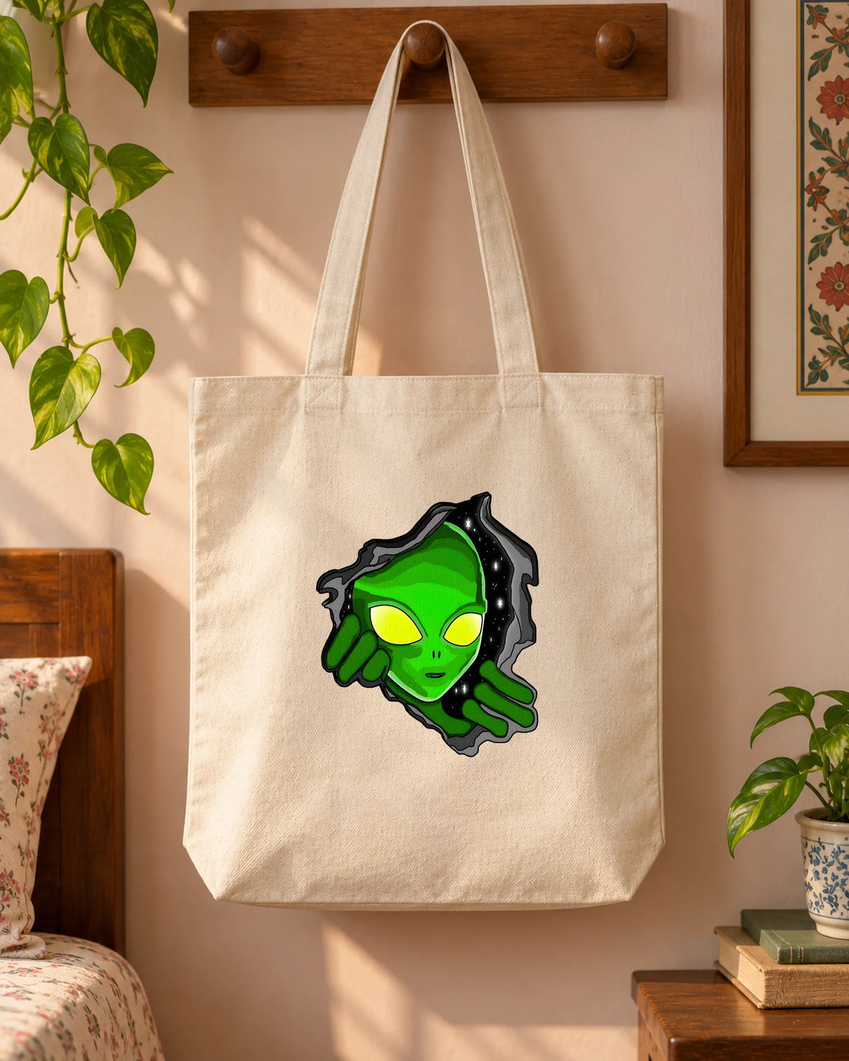 Peeking Alien iron-on patch on clothes