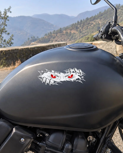 Peeking Demon bike patch in white ink on a bike