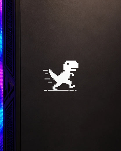 Pixel Dino gamer patch in white ink on a gaming PC cabinet
