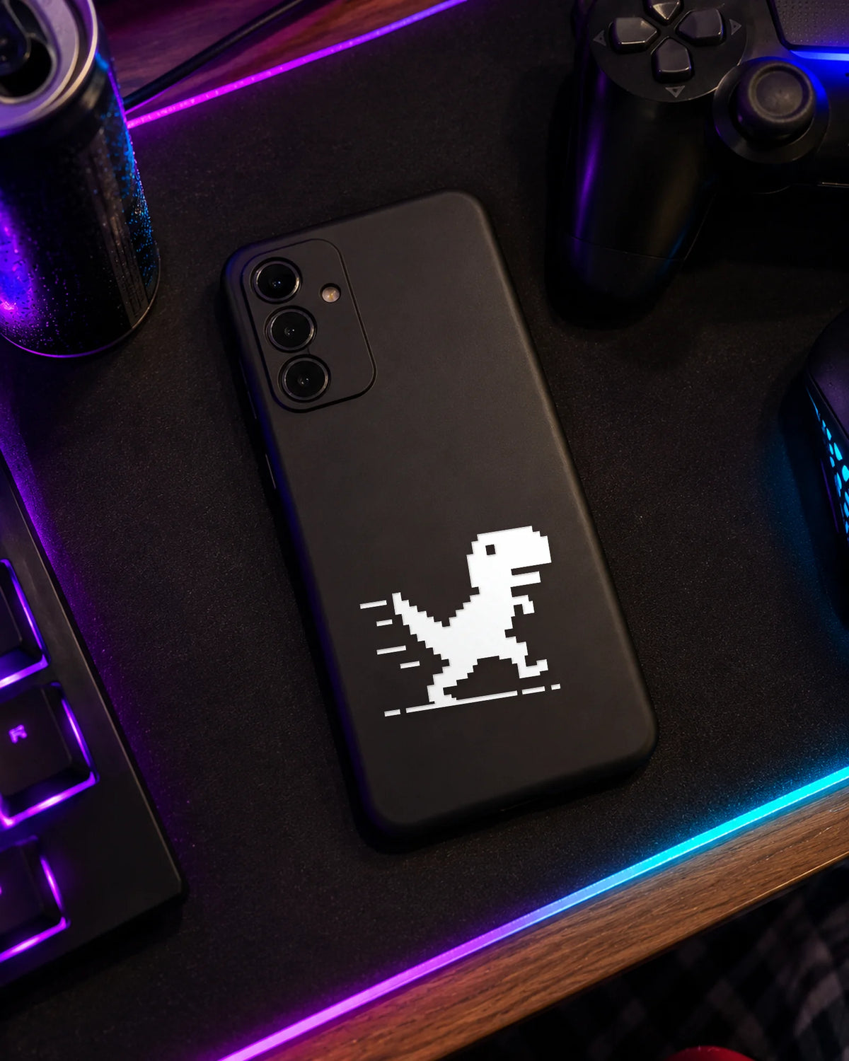 Pixel Dino gamer patch in white ink on a phone case