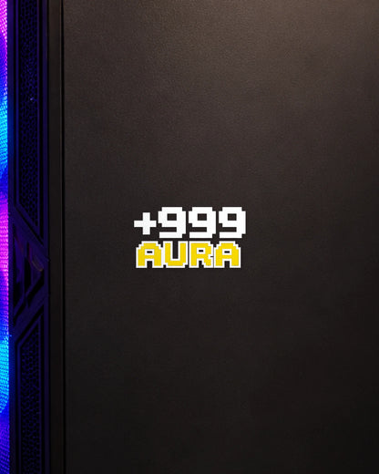 +999 Aura gamer patch in white ink on a gaming PC cabinet
